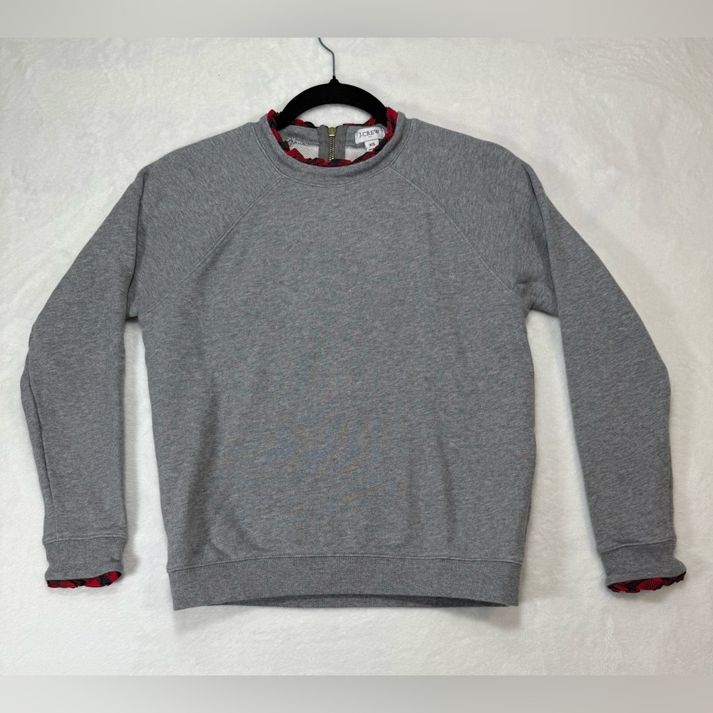 J Crew Women’s XS Gray Sweatshirt Buffalo Check Ruffle Neck and Cuffs Holiday